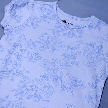 SKY BLUE FLOWER & BIRD PRINT HALF SLEEVES ROMPER
